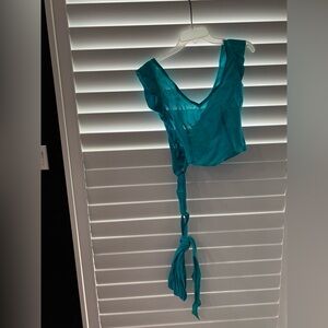 Perry Ellis Vintage Teal Wrap Crop Top Size-4 Preowned Linen